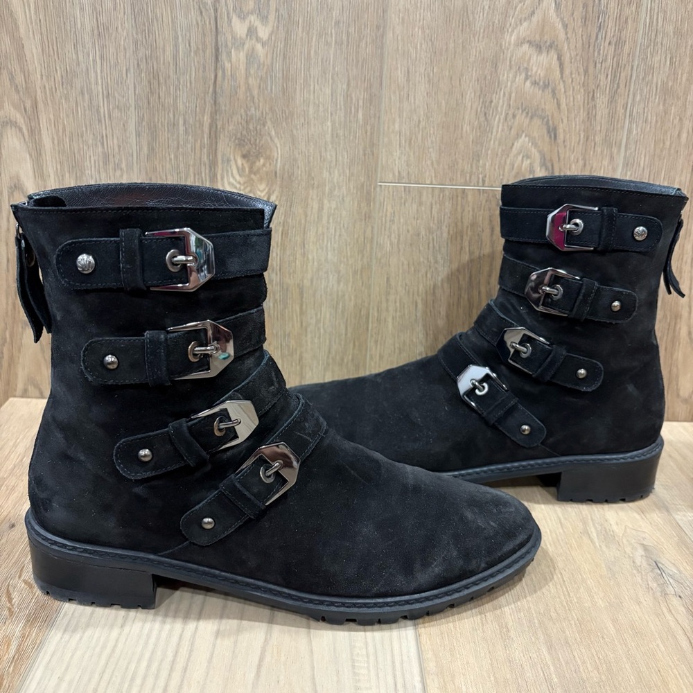 STUART WEITZMAN JITTERBUG MOTO BLACK SUEDE Lug Sole BIKER Four Buckle BOOT 9 NEW